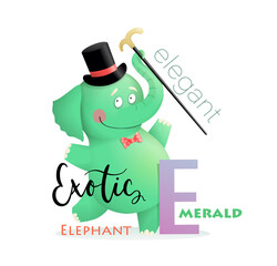 Cute cartoon Elegant Exotic Elephant for letter E. Fun Alphabet for kids education and study. Kindergarten and preschool reading study. Vector illustration in watercolor style.