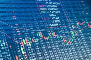Fototapeta premium Double exposure stocks market chart, Stock market data on LED display concept.