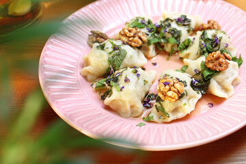 Dumplings. 
Appetizing dish. Suggestion of serving a dish. Culinary Photography.