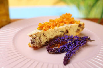 Traditional cheesecake for the holiday of Passover.
Appetizing dish. Suggestion of serving a dish. Culinary photography.