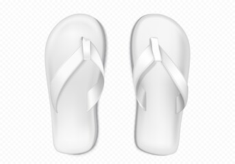 White summer slippers for beach or pool isolated on transparent background. Vector realistic mockup of blank flip flops, plastic sandals with thong, rubber shoes for household or sea vacation