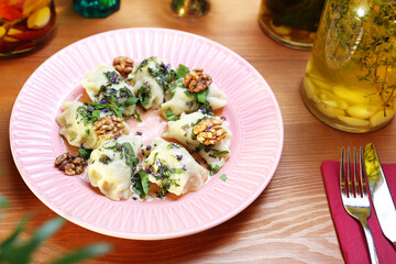 Mutton dumplings. Traditional Jewish cuisine.
Appetizing dish. Suggestion of serving a dish. Culinary Photography.