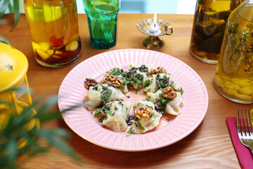 Mutton dumplings. Traditional Jewish cuisine.
Appetizing dish. Suggestion of serving a dish. Culinary Photography.
