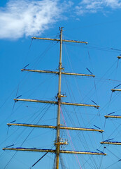 Masts and rigging of a sailing ship against sky