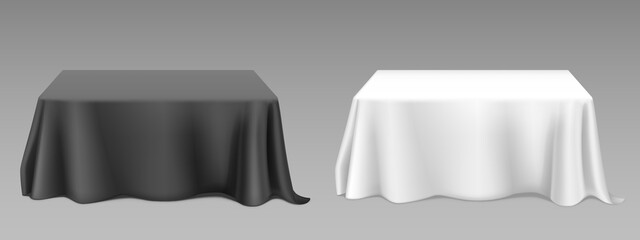 White black tablecloth on square tables. Vector realistic mockup of empty dining desk with blank linen cloth with drapes for banquet restaurant, holiday event or dinner. Template with fabric cover