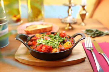 Vegetable shakshouka, a dish of Jewish cuisine. 
Appetizing dish. Suggestion of serving a dish. Culinary Photography.