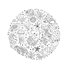 Marine life. Vector isolated illustration with a set of marine life.  Design of postcards and banners.  Sea fish, seaweed, turtle, octopus on a white background.Cafe menu design. Postcard.