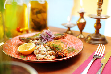Fried fish fillet in almonds.
Appetizing dish. Suggestion of serving a dish. Culinary photography.
