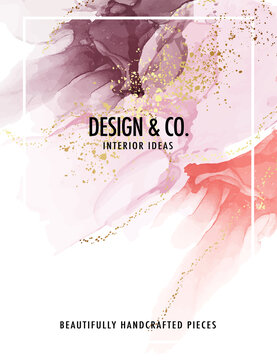 Gold abstract watercolor brush liquid isolated on white, fashion pink alcohol ink color palette, grungy smear red violet, red purple gold blush palette.
