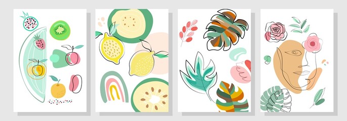 4 set nature background, Abstract Shapes Fruits, Leaves, Geometric and women shape, Collection art abstract, banner, poster, print.