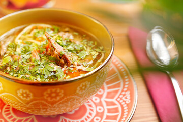 Chicken broth with noodles. Appetizing dish. Suggestion of serving a dish. Culinary photography.