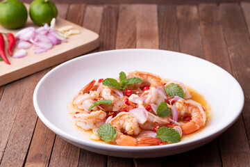 Shrimp salad with lemon grass and mint.Thai spicy food