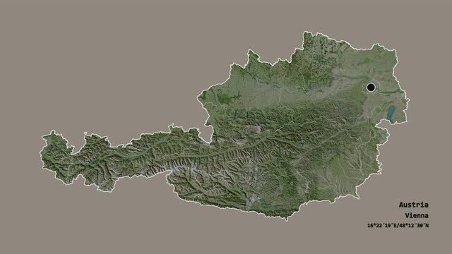 Tirol, state of Austria, with its capital, localized, outlined and zoomed with informative overlays on a satellite map in the Stereographic projection. Animation 3D