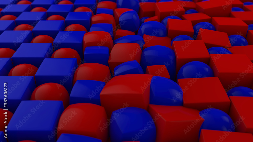 Poster 3d rendering of an abstract geometric background with many cubes and spheres arranged in a staggered