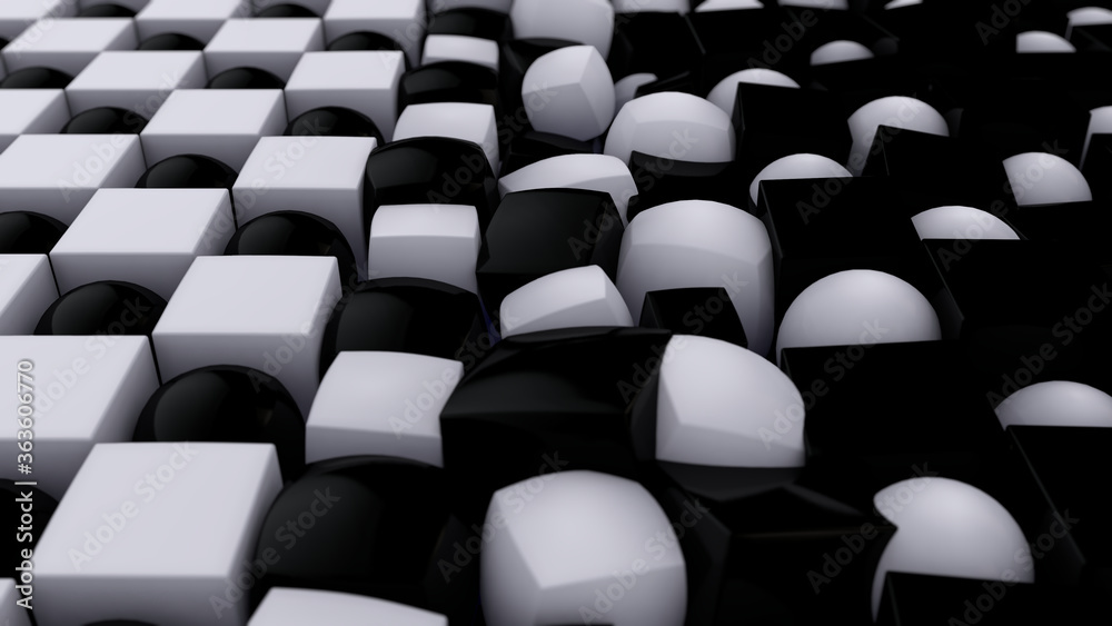 Poster 3d rendering of an abstract geometric background with many cubes and spheres arranged in a staggered