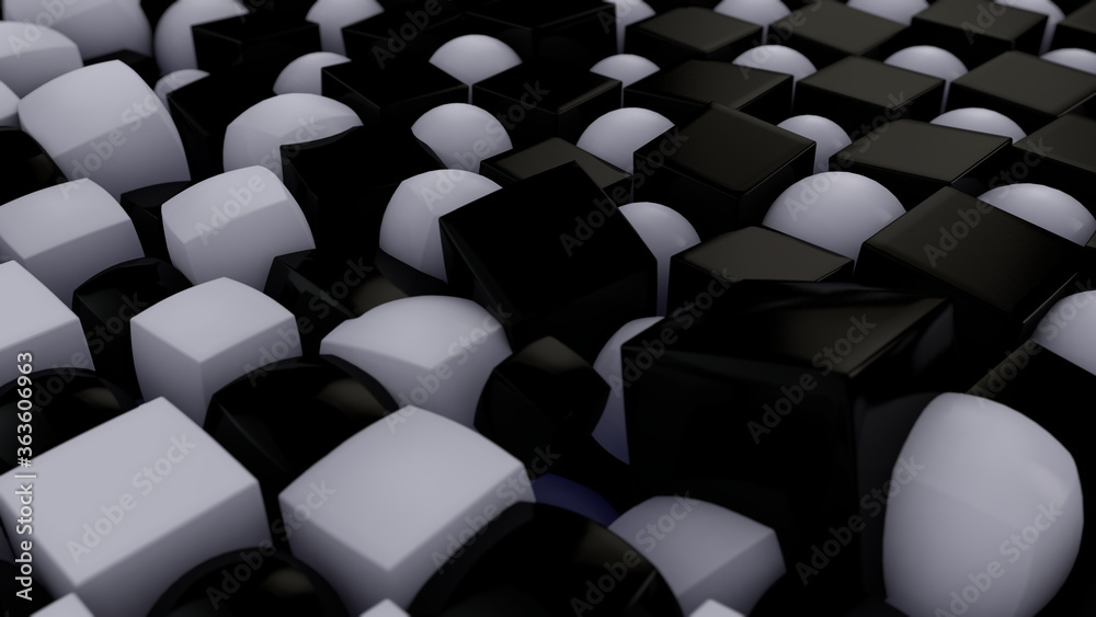 Poster 3d rendering of an abstract geometric background with many cubes and spheres arranged in a staggered
