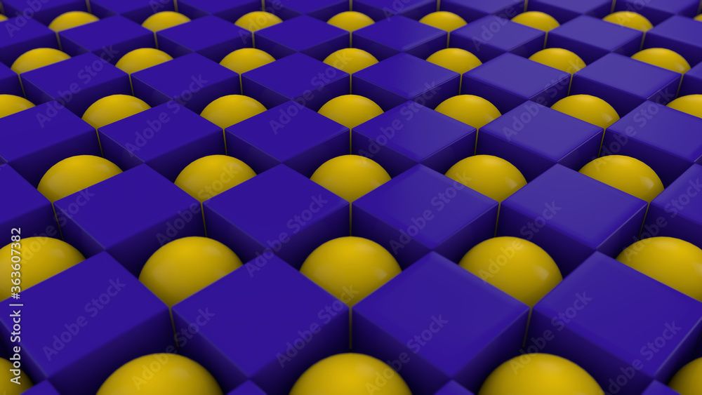 Aufkleber 3d rendering of an abstract geometric background with many cubes and spheres arranged in a staggered