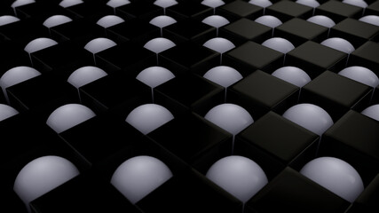 3D rendering of an abstract geometric background with a lot of black and white cubes and spheres arranged in a staggered order. 3D desktop illustration, background, screen saver.