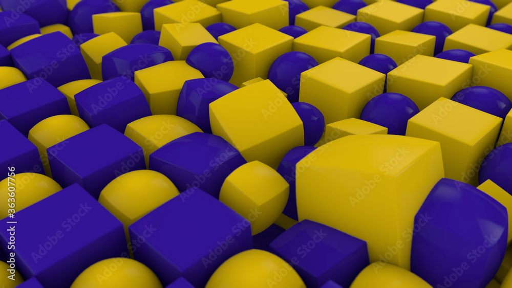 Poster 3d rendering of an abstract geometric background with many cubes and spheres arranged in a staggered