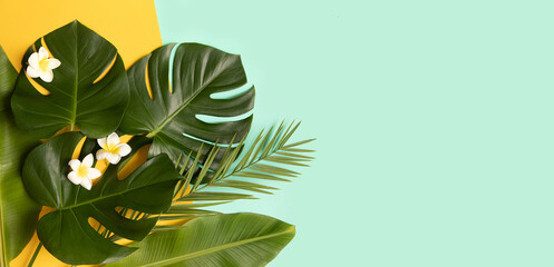 Fototapeta na wymiar Tropical palm tree leaf and flower on a blue background. Vibrant minimal fashion concept. Design with copy space
