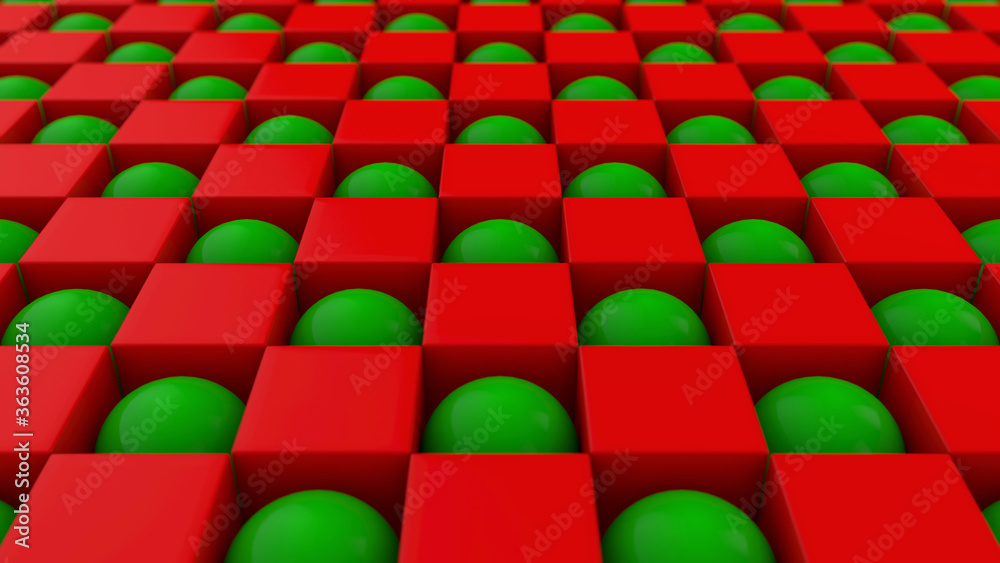 Poster 3d rendering of an abstract geometric background with many cubes and spheres arranged in a staggered