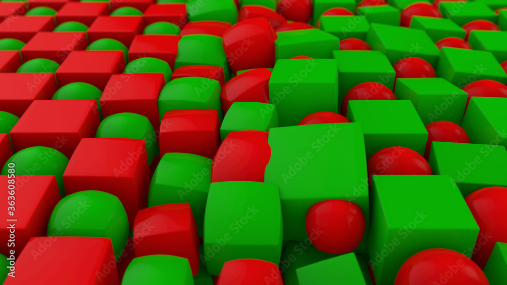 Poster 3d rendering of an abstract geometric background with many cubes and spheres arranged in a staggered