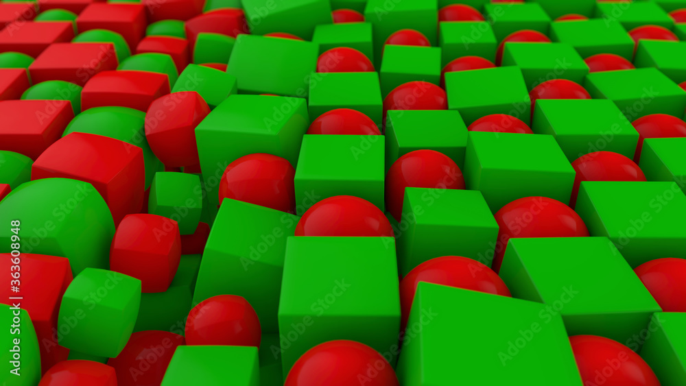Poster 3d rendering of an abstract geometric background with many cubes and spheres arranged in a staggered