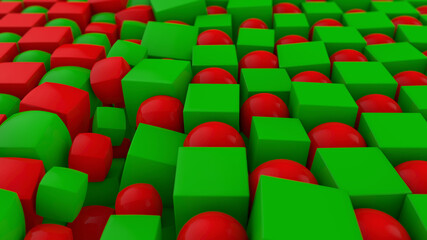 3D rendering of an abstract geometric background with many cubes and spheres arranged in a staggered order. Some of the figures changed shape and position. Abstract background