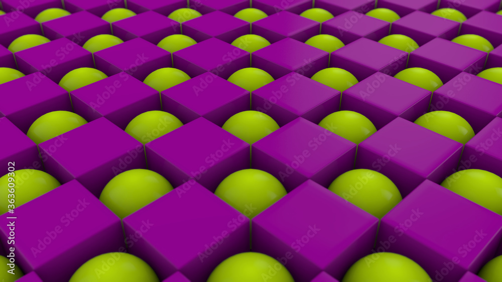 Poster 3d rendering of an abstract geometric background with many cubes and spheres arranged in a staggered