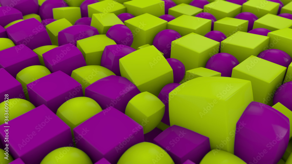 Poster 3d rendering of an abstract geometric background with many cubes and spheres arranged in a staggered