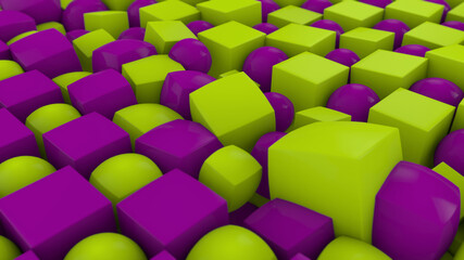 3D rendering of an abstract geometric background with many cubes and spheres arranged in a staggered order. Some of the figures changed shape and position. Abstract background