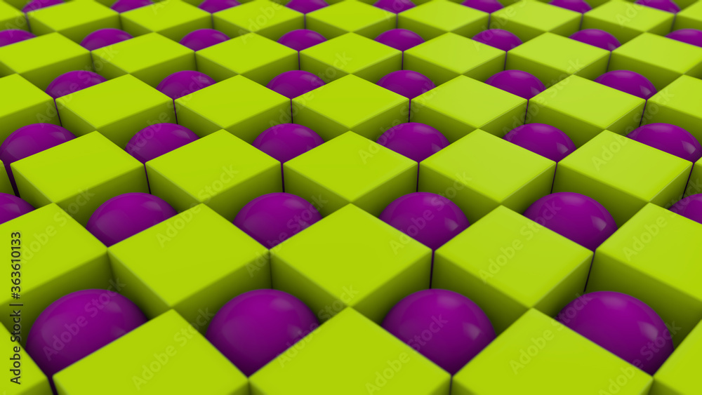 Poster 3d rendering of an abstract geometric background with many cubes and spheres arranged in a staggered