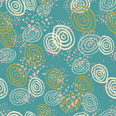 Random seamless pattern with spirals and splashes. In blue, green and white colors.