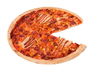 Tasty italian pizza with ham, bbq sauce, bacon and salami, without one slice, isolated on white background, angle view