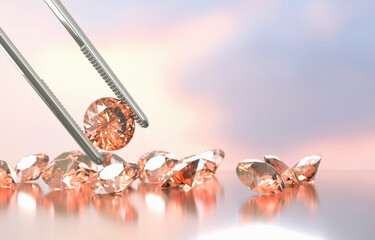 Diamond in tweezers soft focusing with group of round diamond in background 3d rendering.