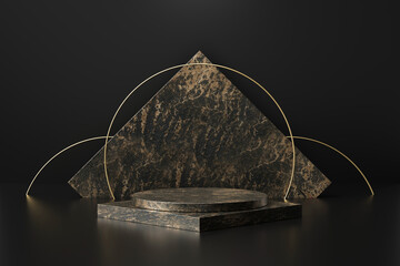Black marble product display on luxury background with geometric backdrops studio. Empty pedestal or podium. 3D Rendering.