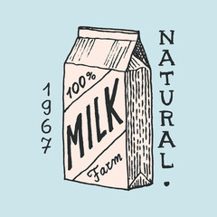 Milk label. Retro Packaging. Vintage logo for shop. Badge for t-shirts. Hand Drawn engrave sketch. Vector illustration.