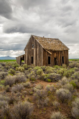 Fototapeta na wymiar An abandoned homestead building surrounded by sage brush on the desert near Silver Lake, Oregon.