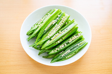 A plate of boiled okra slices