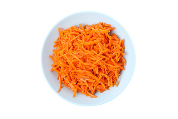 Plate with tasty carrot salad isolated on white background