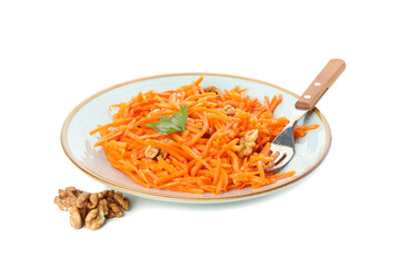 Plate with carrot salad isolated on white background