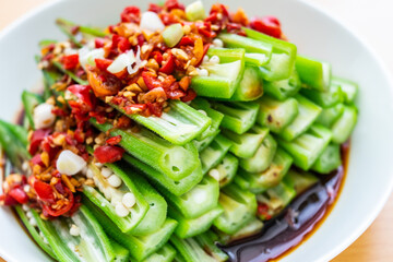 Close-up of Chinese home cooking cold okra