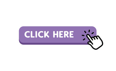 Click here web button. Isolated website buy or register bar icon with hand finger clicking cursor, design template.