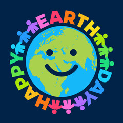 Happy Earth Day poster. Greeting text written around cartoon smiling globe. Happy cute funny Earth emoji. Vector illustration isolated on dark blue background.