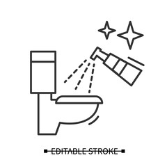 Toilet disinfection icon. Restroom antibacterial spray cleaning linear pictogram. Hygiene and covid infection spread prevention instruction concept. Editable stroke vector illustration