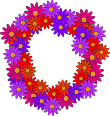 Flower font. The letter O. Many colored flower heads. Inflorescence. Bright petals. Purple, pink, red, orange. Romantic summer lettering