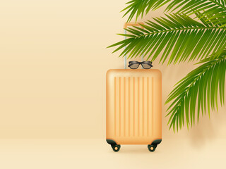 Suitcase with sunglasses and palm leaves on pastel orange background. Summer holidays, vacation and travel minimal concept. Copy space. Vector.