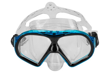 turquoise plastic snorkeling mask, with silicone shutter, frontal, white background
