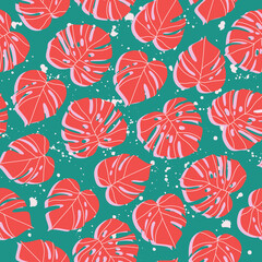 Red monstera leaves on a green seamless pattern. Trendy hand-drawn vector pattern made of monstera plants. Foliage seamless design for banner, card, wallpapers and wrapping. Vibrant tone pattern.