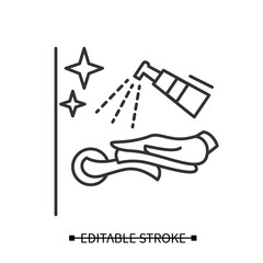 Door handle disinfection icon. Doorknob wiping linear pictogram. Covid infection prevention measures, surface disinfection, sanitizing and householding concept. Editable stroke vector illustration